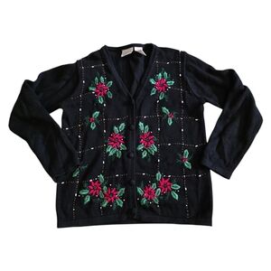 BASIC EDITIONS HOLIDAY Vintage Christmas Floral Cardigan Black -‎  Size Small